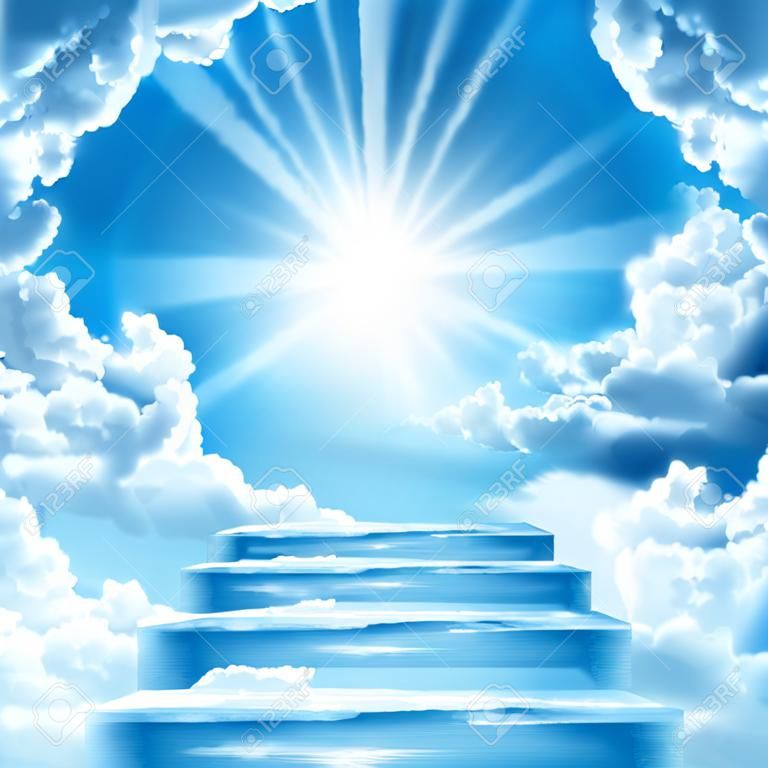 Schody do nieba.Stairs in sky. Koncepcja z słońcem i białym clouds.Concept religii tle