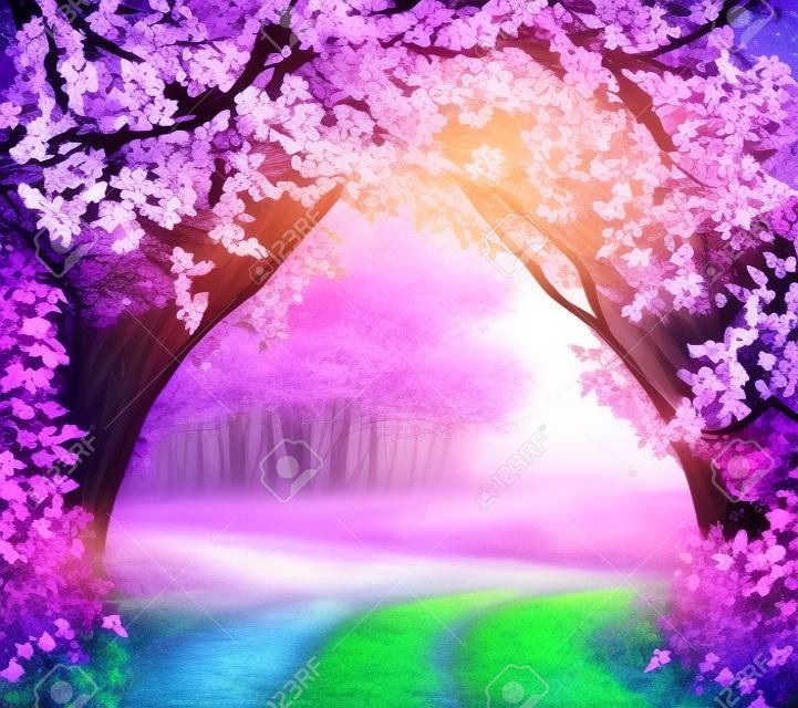 Fondo de la fantasía. La magia del bosque con árboles road.Beautiful landscape.Lilac primavera en flor