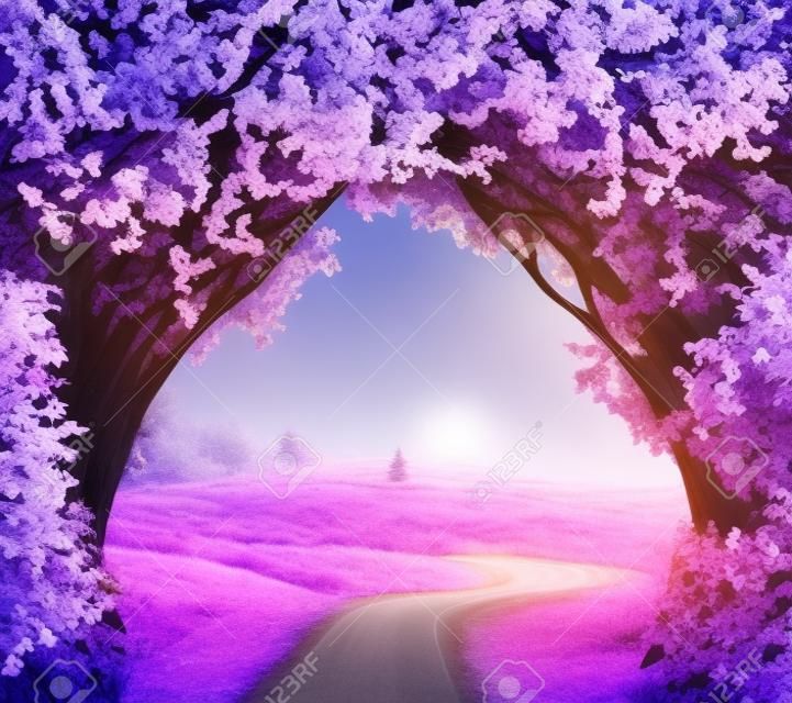 Fondo de la fantasía. La magia del bosque con árboles road.Beautiful landscape.Lilac primavera en flor