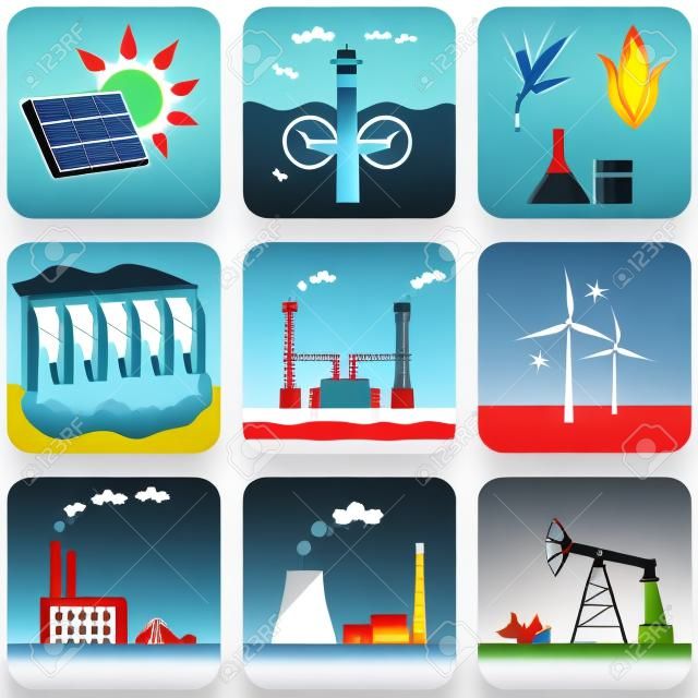能源圖標集：太陽能，水能，生物燃料，水電，地熱，風能，煤炭，核能和熱電聯產，石油