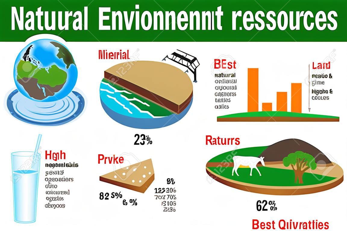 Infográficos de recursos ambientais naturais: água, depósitos minerais, terra