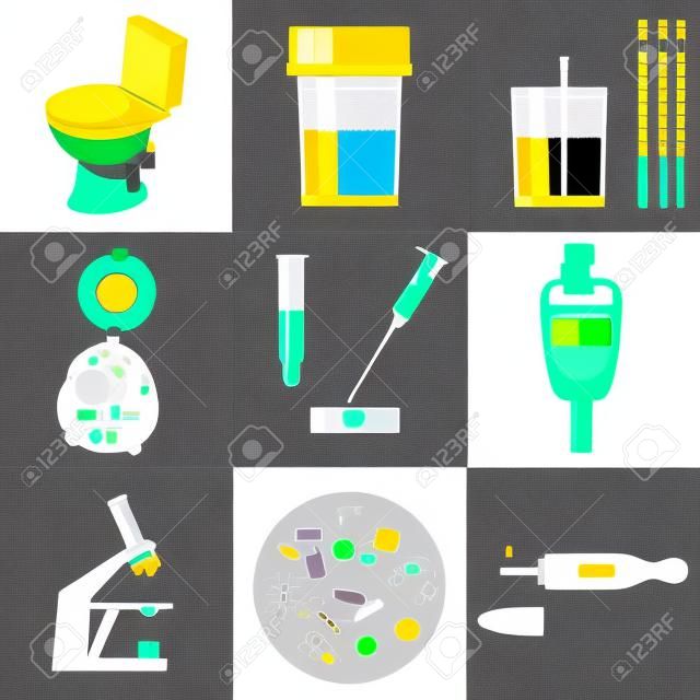 Urinetest analyse en medische laboratorium apparatuur. Kleur vector pictogrammen ingesteld