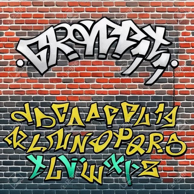 Graffiti font alphabet on the brick wall