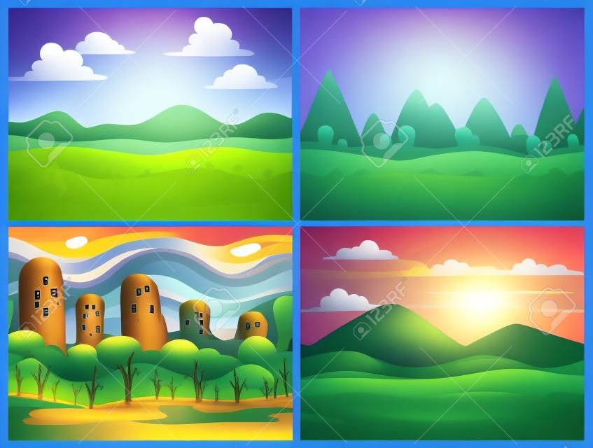 Набор бесшовных ландшафтов мультфильмов для игрового дизайна, горизонтальные природа фон