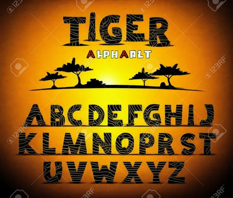 Tiger alfabet, czcionka wektor z dzikiej wzór