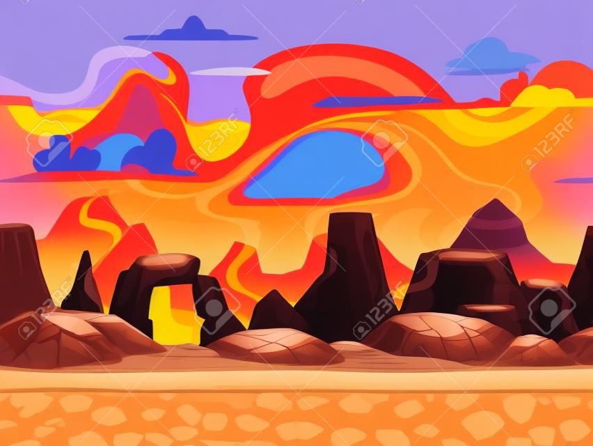 Seamless cartoon volcano desert landscape, separated layers for game design