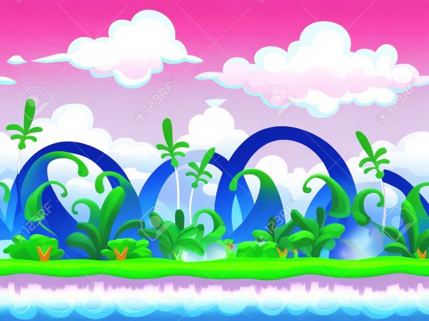 Cartoon fantasie vector naadloos landschap, eindeloze buitenaardse natuur achtergrond voor spelontwerp, gescheiden lagen voor parallax effect in animatie