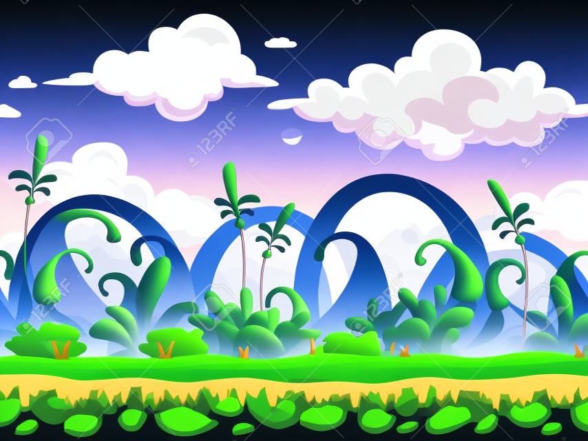 Мультфильм фэнтези вектор бесшовные пейзаж, бесконечные иностранец природа фон для игрового дизайна, разделенных слоев для эффекта параллакса в анимации