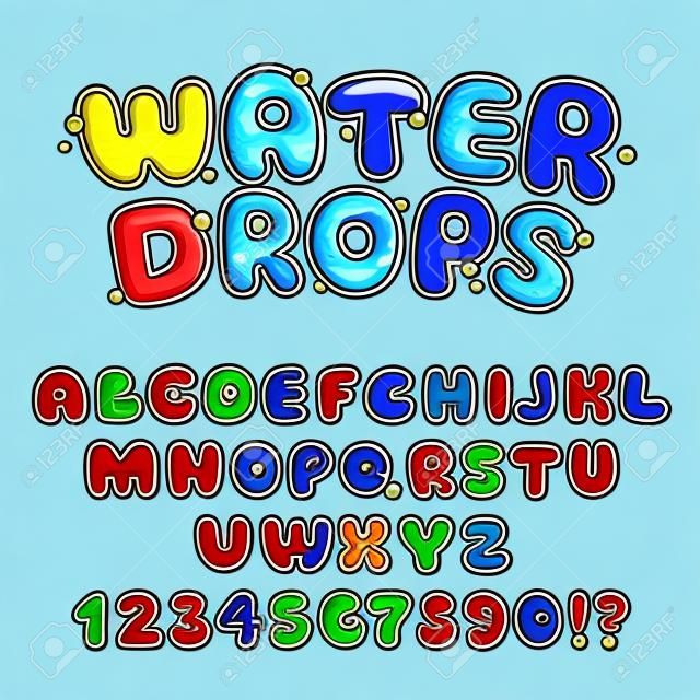 漫画水滴フォント、面白い青いアルファベット、ベクトル水文字と数字