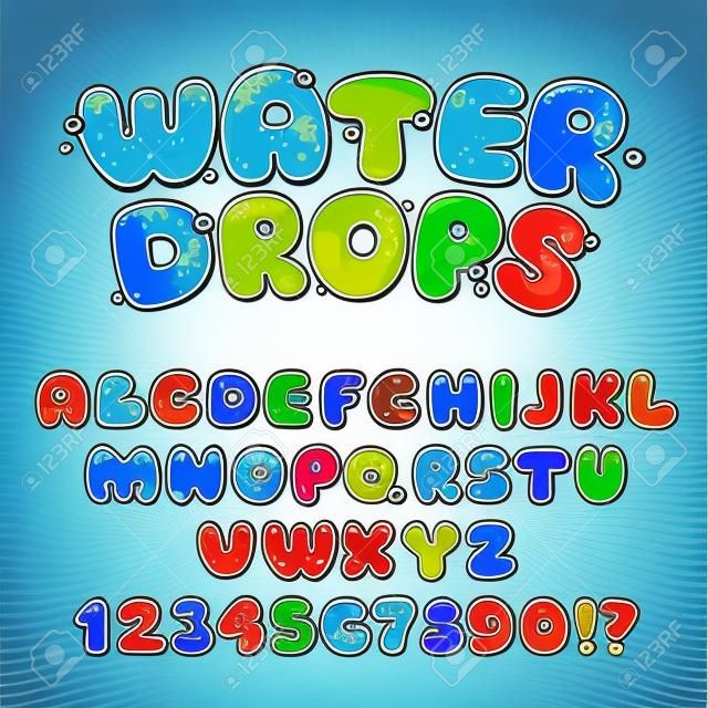 Cartoon water drops font, funny blue alphabet, vector water letters and numbers