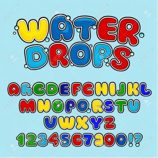 acqua del fumetto gocce di carattere, divertente alfabeto blu, le lettere ed i numeri di acqua vettore