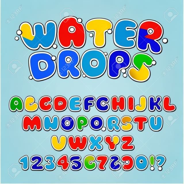 Fonte de gotas de água dos desenhos animados, alfabeto azul engraçado, letras de água vetoriais e números