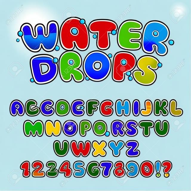 Cartoon water drops font, funny blue alphabet, vector water letters and numbers