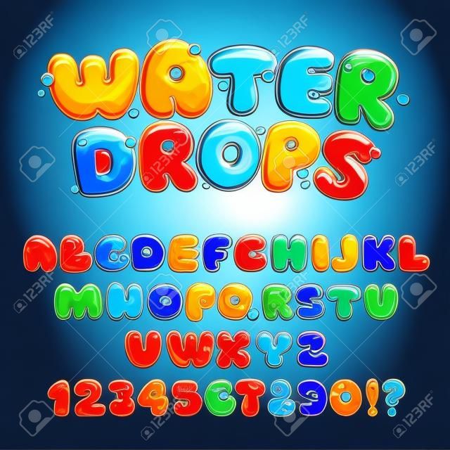 Cartoon vízcseppek font, vicces kék abc, vektor víz betűk és számok