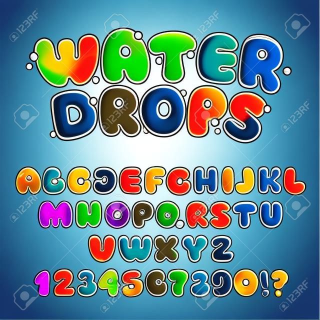 Tekenfilm water druppels lettertype, grappig blauw alfabet, vector water letters en nummers