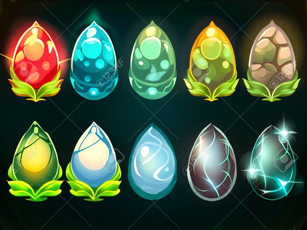 Iconos del elemento, huevos de dragón establecido, ilustración vectorial