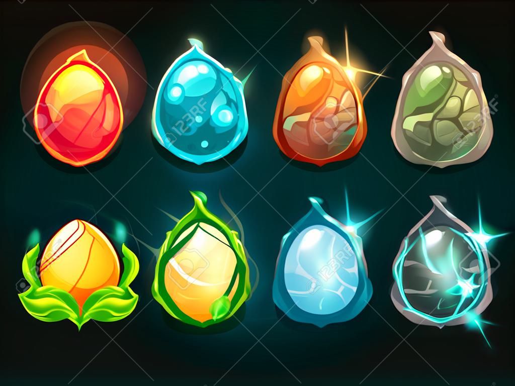 Iconos del elemento, huevos de dragón establecido, ilustración vectorial