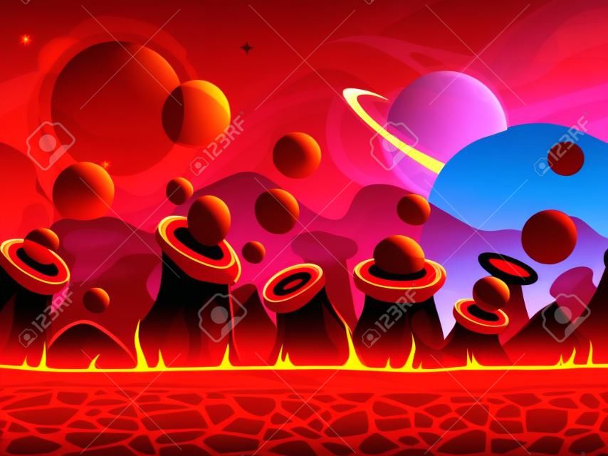 Cool another world vector seamless background for game design, separated layers for parallax effect, alien planet outdoor landscape in red colors