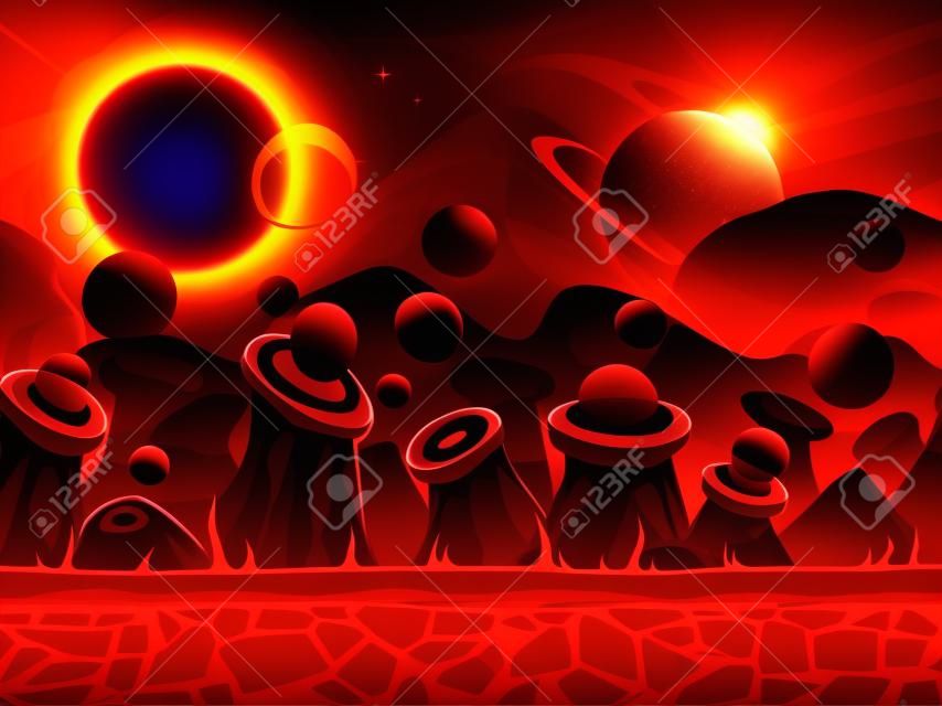 Cool another world vector seamless background for game design, separated layers for parallax effect, alien planet outdoor landscape in red colors