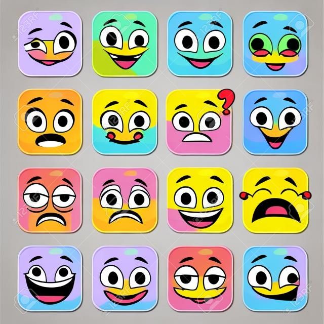 divertidos dibujos animados de colores caras cuadradas, vector avatares de historietas, juego emoji