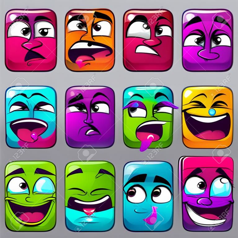 divertidos dibujos animados de colores caras cuadradas, vector avatares de historietas, juego emoji