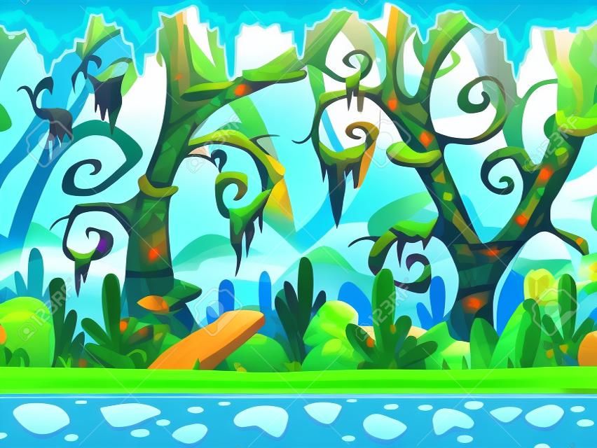 Fantasy cartoon bos naadloze landschap, klaar voor spel animatie, spel achtergrond met gescheiden lagen voor parallax effect, game design asset, coole fantastische natuur achtergrond