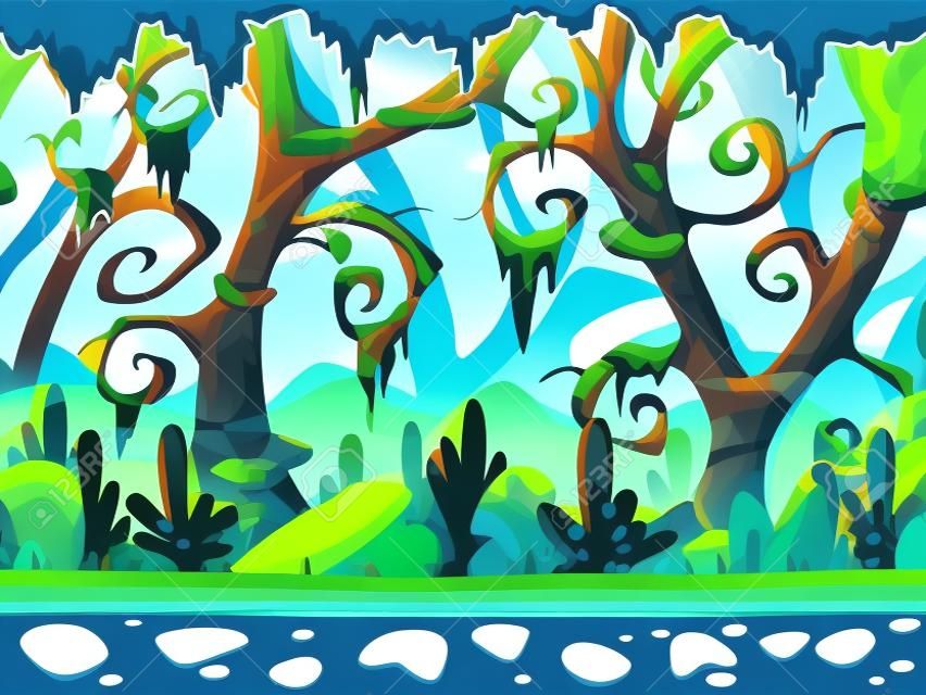 Fantasy cartoon forest seamless landscape, ready for game animation, game background with separated layers for parallax effect, game design asset, cool fantastic nature background