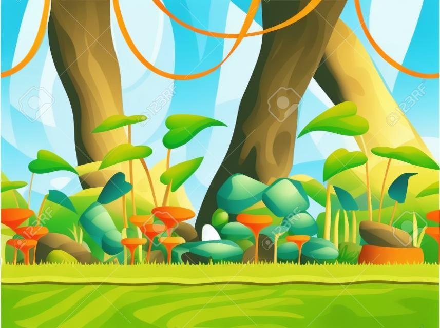 Cartoon seamless nature landscape with separated layers for parallax effect. Vector horizontal jungle illustration, fantasy game background.