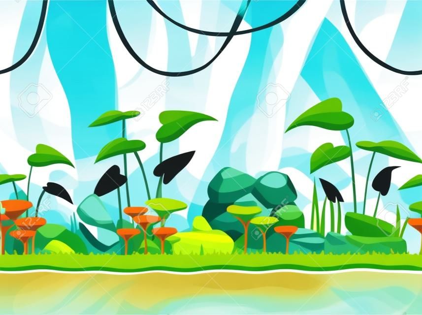 Cartoon seamless nature landscape with separated layers for parallax effect. Vector horizontal jungle illustration, fantasy game background.