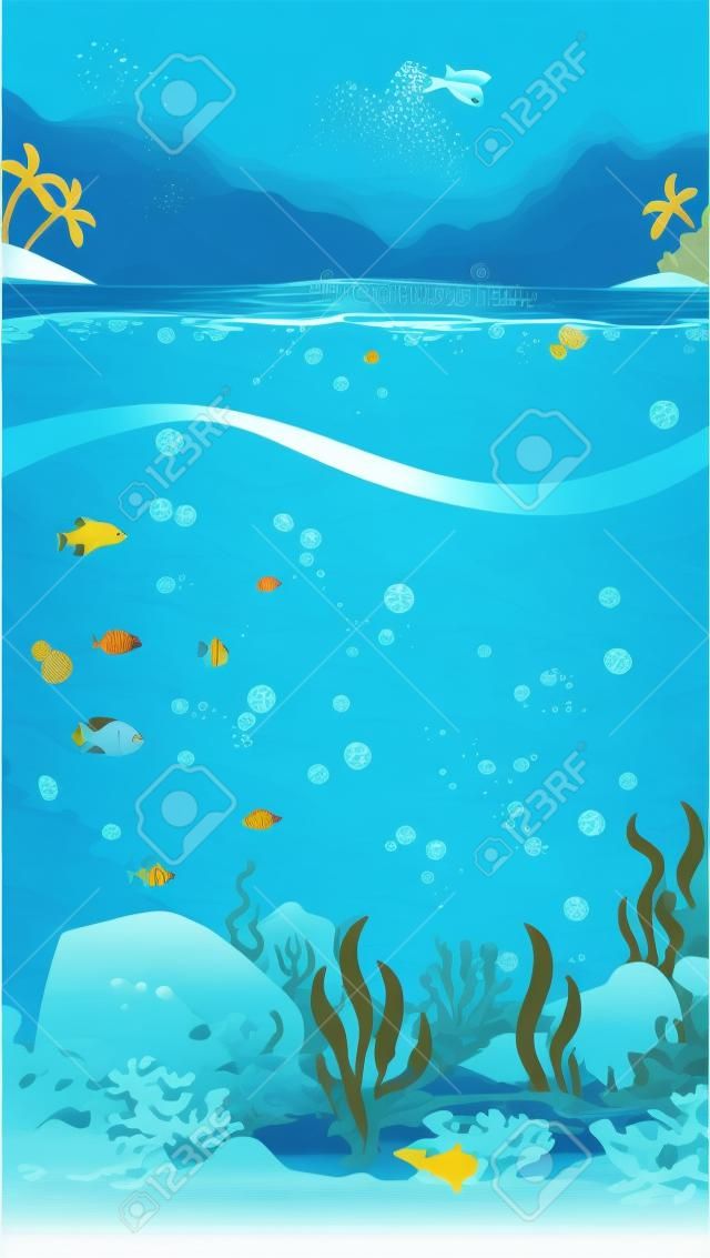 Onderwaterlandschap, vector illustratie. Prachtige onderzeese locatie. Blauwe water verticale achtergrond.