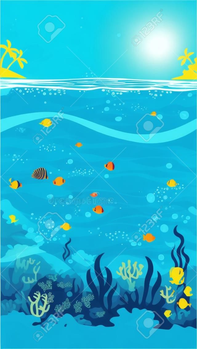 Onderwaterlandschap, vector illustratie. Prachtige onderzeese locatie. Blauwe water verticale achtergrond.