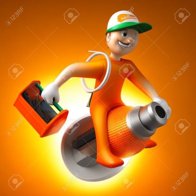 Orange cartoon character as electrician, rides on the LED-Lamp  White background 