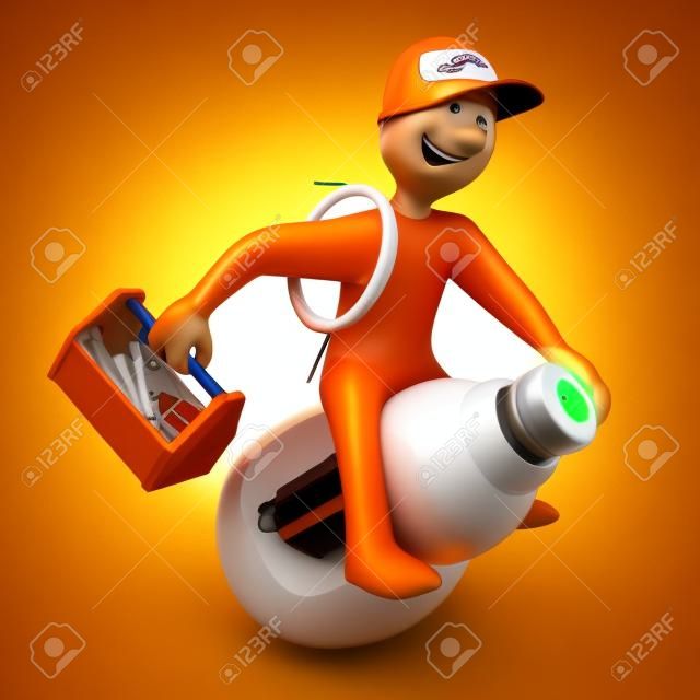 橙色卡通人物作为电工骑在LED灯白色背景