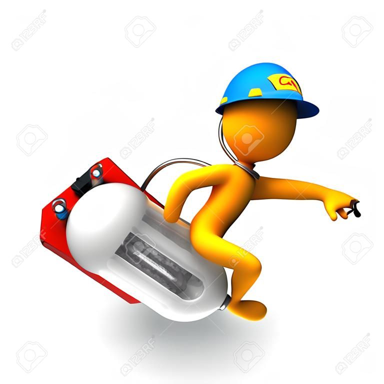 Orange cartoon character as electrician, rides on the LED-Lamp  White background 