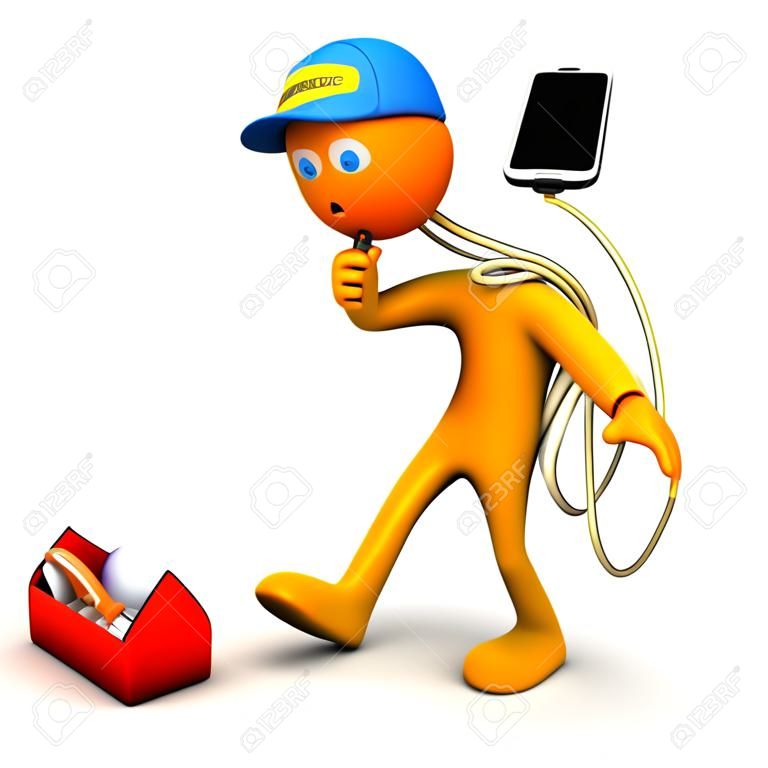 Orange cartoon character as electrician phones with smartphone  White background 