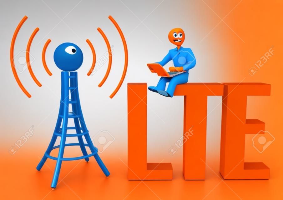 Оранжевый мультипликационный персонаж с ноутбуком, антенны и синий текст LTE.