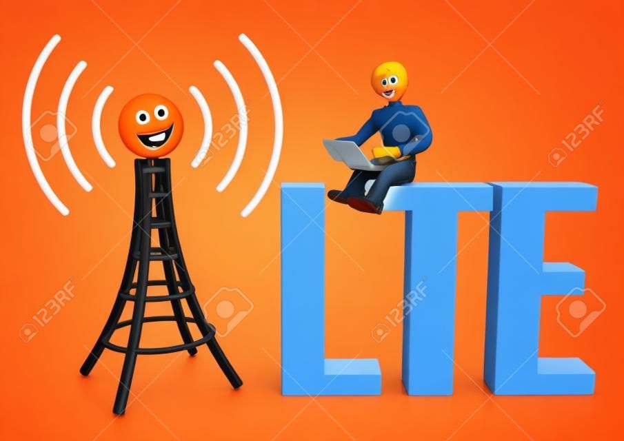 Orange cartoon character with laptop, antenna and blue text LTE.