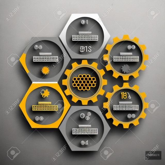 Infografica con struttura a nido d'ape e ingranaggi su sfondo grigio.