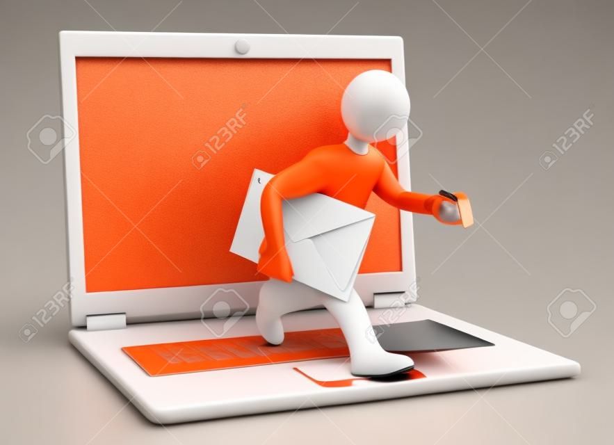 Mannequin orange avec carnet et courrier sur le blanc. Illustration 3D