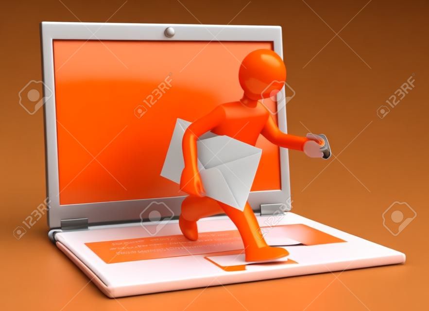 Оранжевый манекен с записной книжкой и почтой на белом. 3d иллюстрации.