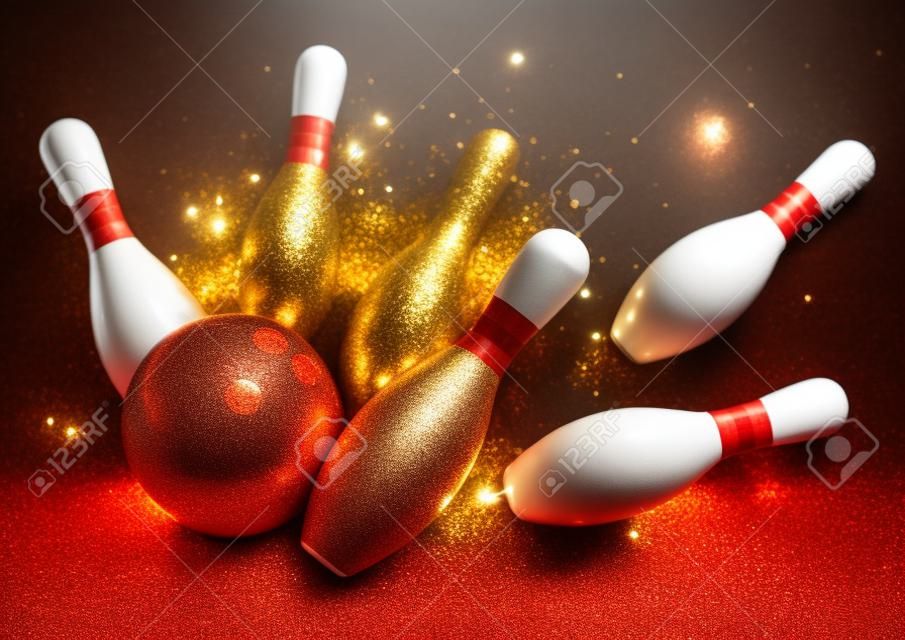 Bowling pins and red ball with golden glitter sand.