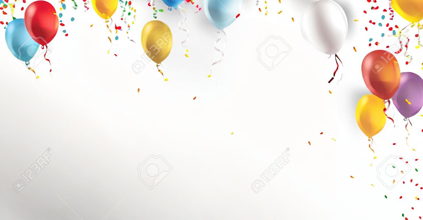 Farbige Ballone und Konfettis auf dem grauen Hintergrund . Vektordatei ENV 10