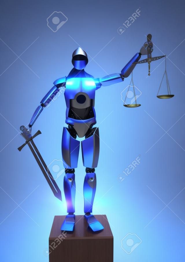 Humanoid robot as justitia with sword and beam scale. 3d illustration.