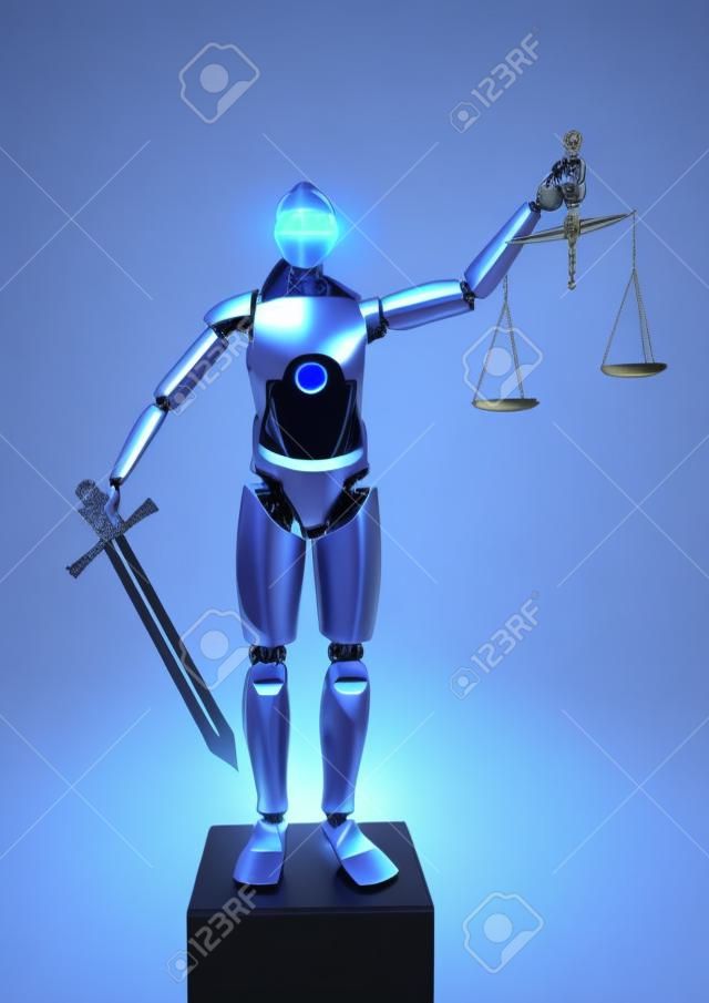 Humanoid robot as justitia with sword and beam scale. 3d illustration.
