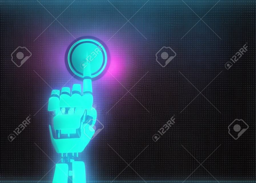 Humanoid robot hand pushes the button. 3d illustration.