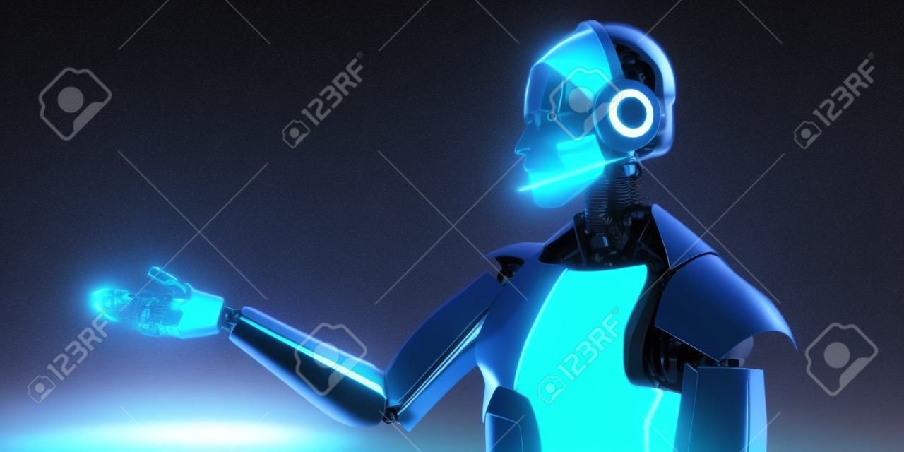 Humanoid robot as a callbot with a headset. 3d illustration.