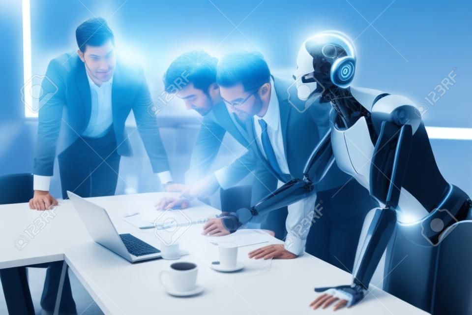 Businessmen and humanoid robots work on a project.