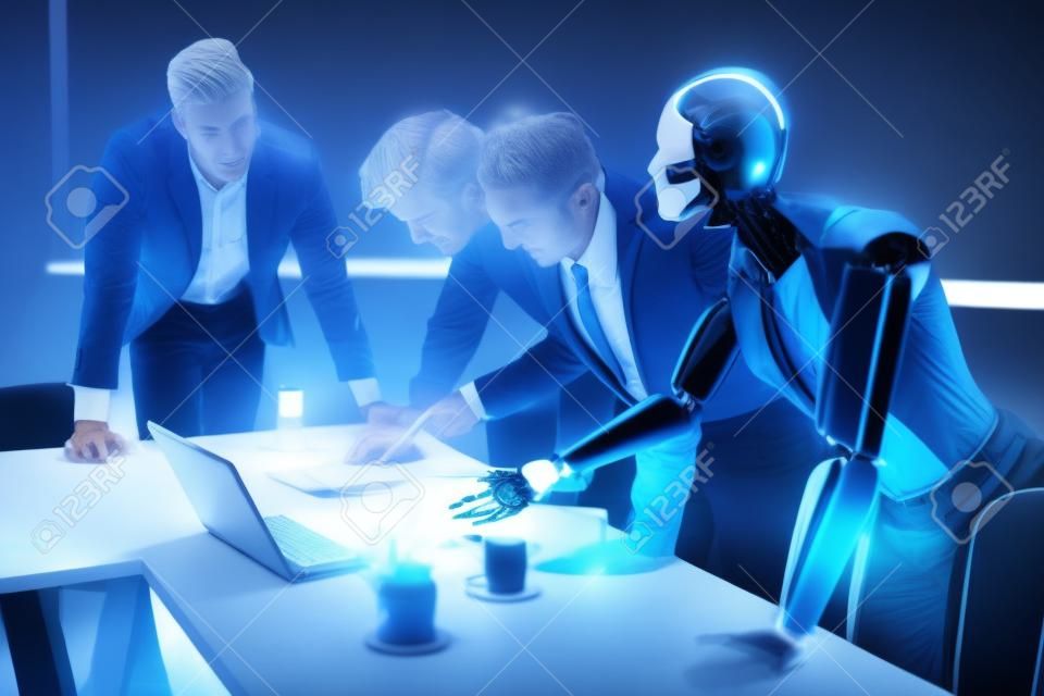 Businessmen and humanoid robots work on a project.