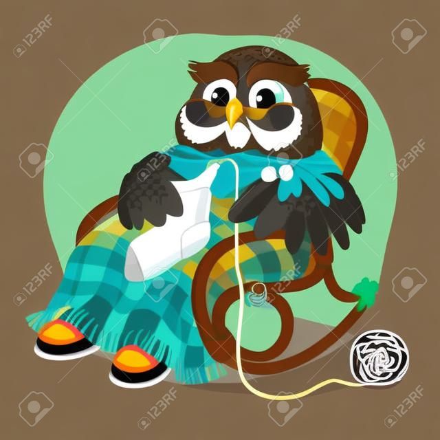 Vector illustration - old owl in a chair knitting a sock.
