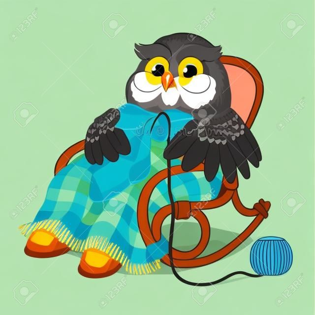 Vector illustration - old owl in a chair knitting a sock.